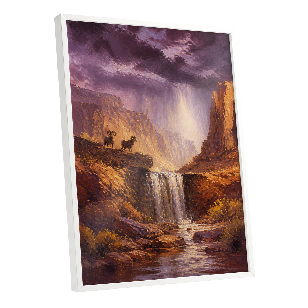 Stormlight Canyon, purple, brown, orange nature wall art shown as a white framed poster wall art print