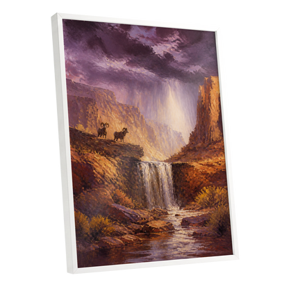 Stormlight Canyon, purple, brown, orange nature wall art shown as a white framed poster wall art print