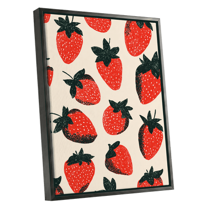 Strawberry Parade, red, green, beige nature wall art shown as a black framed canvas wall art