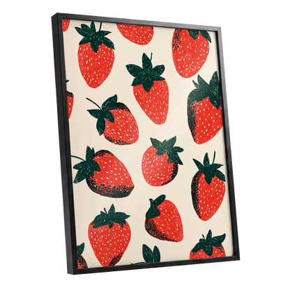 Strawberry Parade, red, green, beige nature wall art shown as a black framed poster wall art print