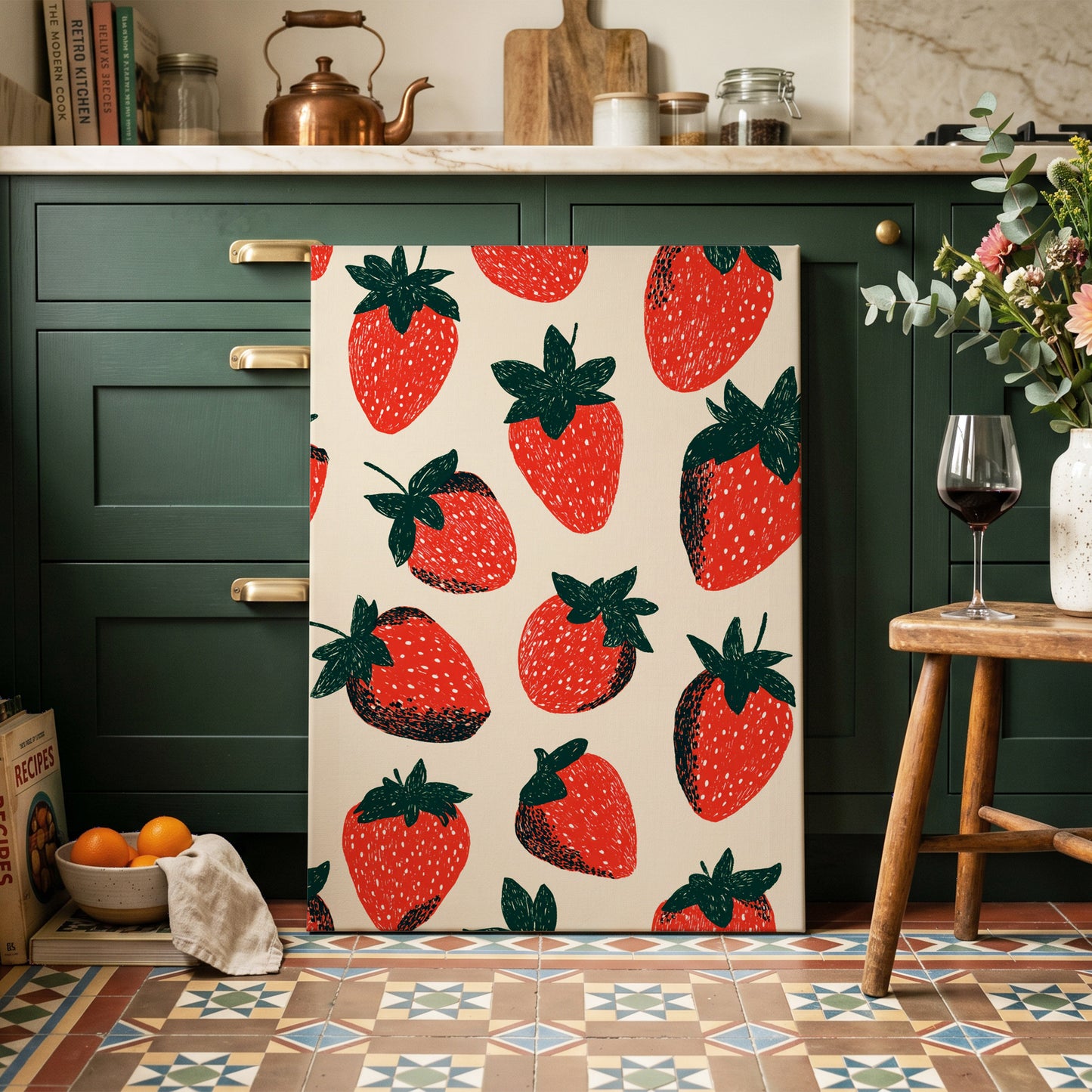 Strawberry Parade, red, green, beige nature wall art on canvas displayed in a styled interior, gallery view 2