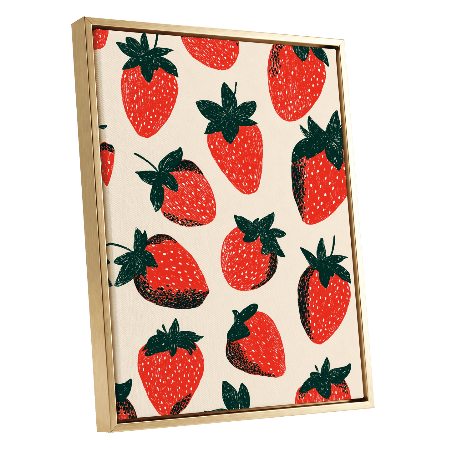 Strawberry Parade, red, green, beige nature wall art shown as a gold framed canvas wall art