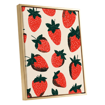 Strawberry Parade, red, green, beige nature wall art shown as a gold framed canvas wall art