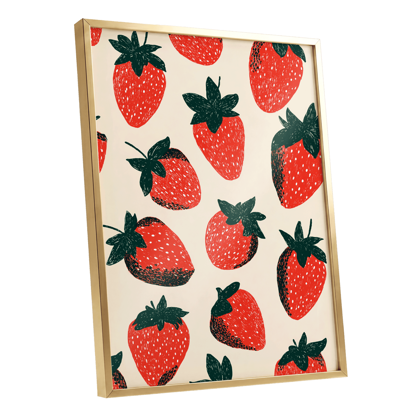Strawberry Parade, red, green, beige nature wall art shown as a gold framed poster wall art print