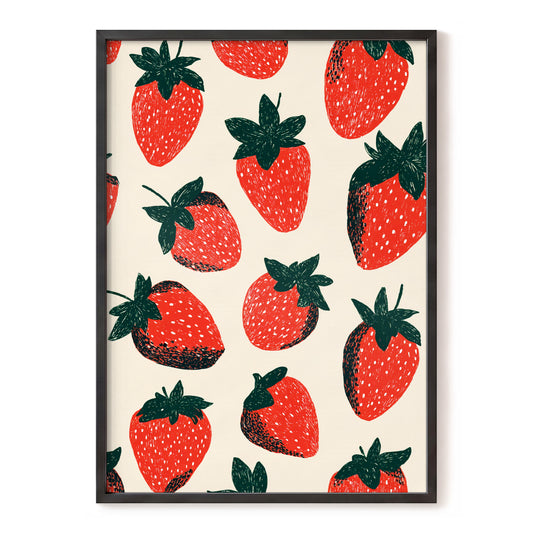 Strawberry Parade, red, green, beige nature wall art, front artwork view