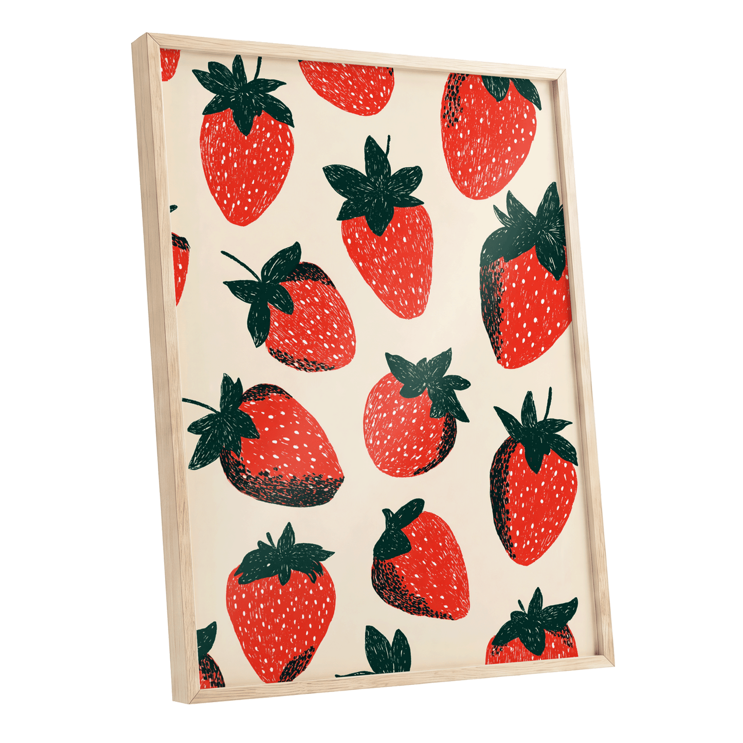Strawberry Parade, red, green, beige nature wall art shown as a oak framed poster wall art print