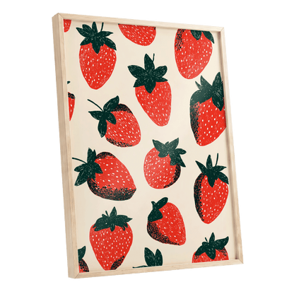 Strawberry Parade, red, green, beige nature wall art shown as a oak framed poster wall art print