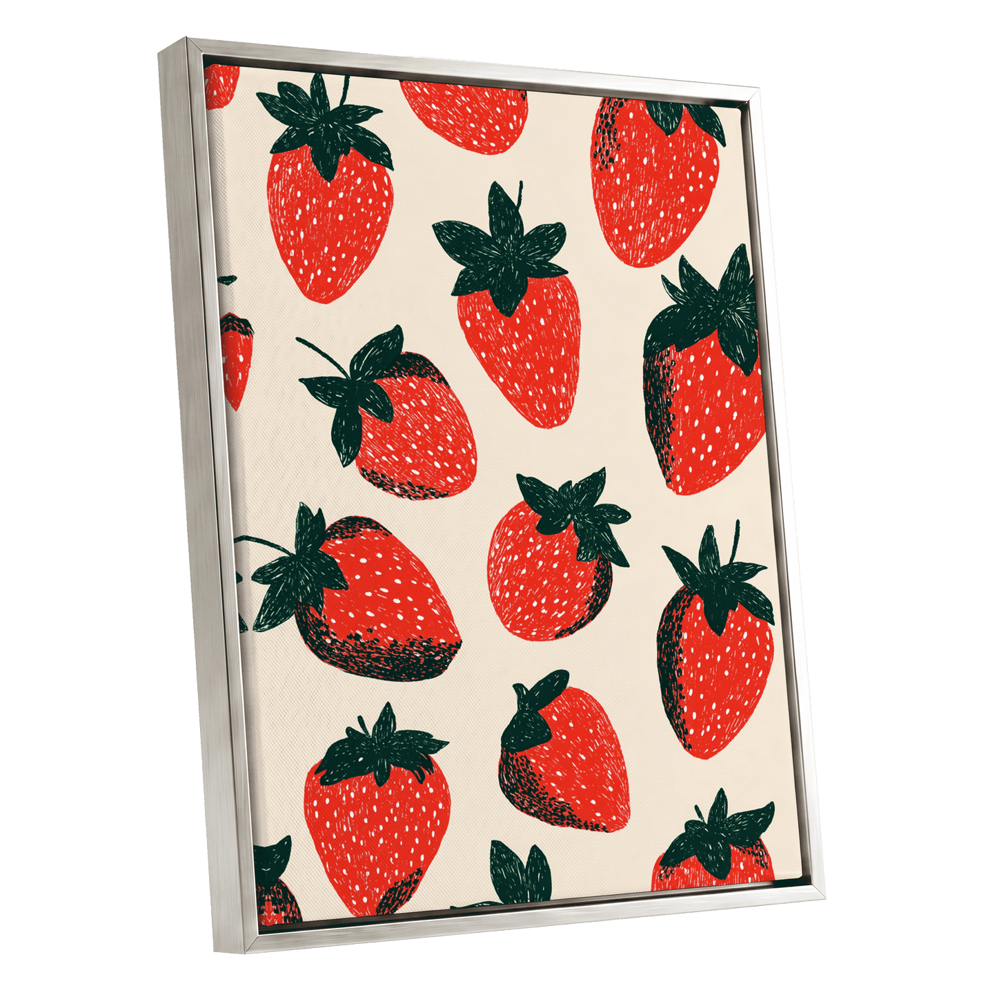 Strawberry Parade, red, green, beige nature wall art shown as a silver framed canvas wall art