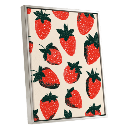 Strawberry Parade, red, green, beige nature wall art shown as a silver framed canvas wall art