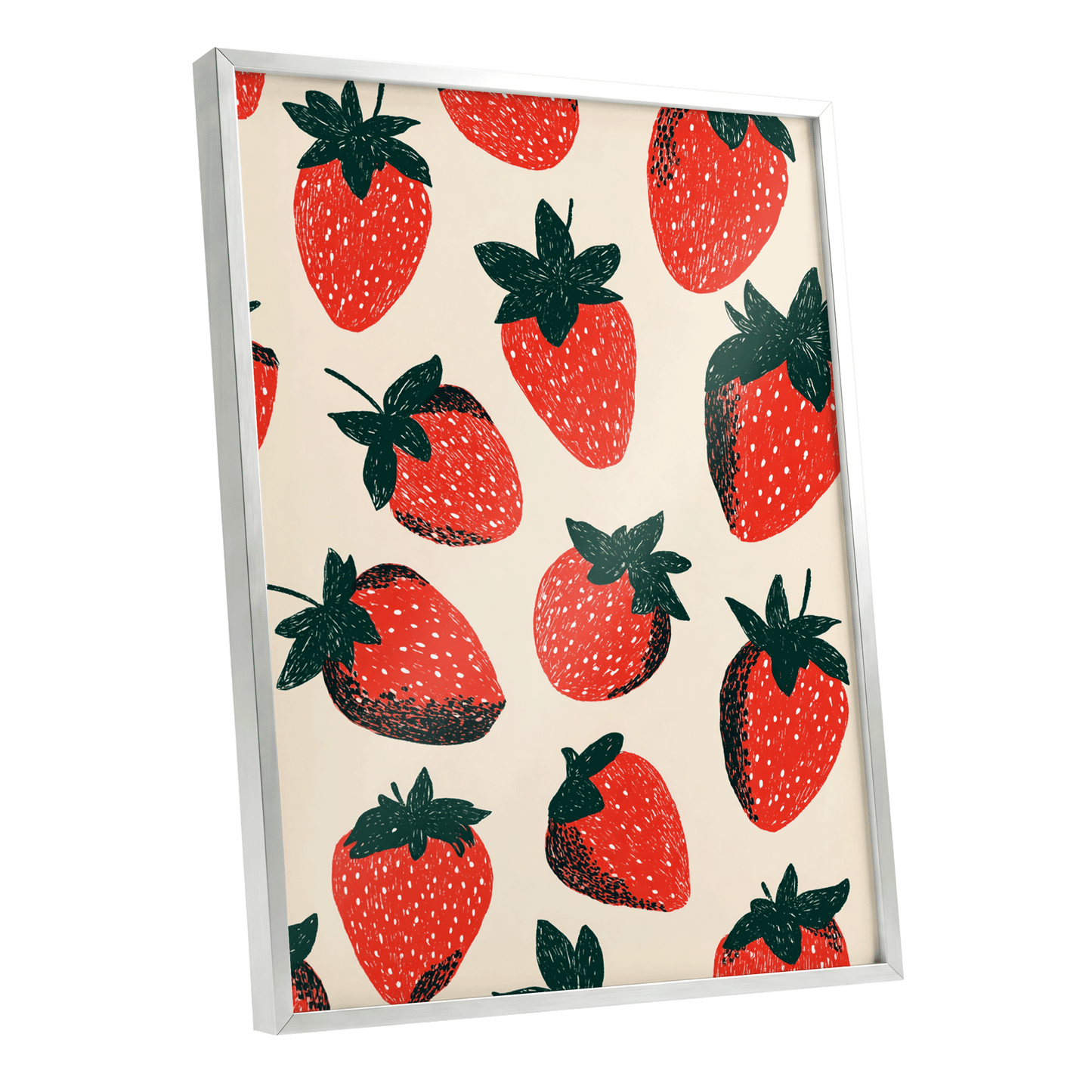 Strawberry Parade, red, green, beige nature wall art shown as a silver framed poster wall art print
