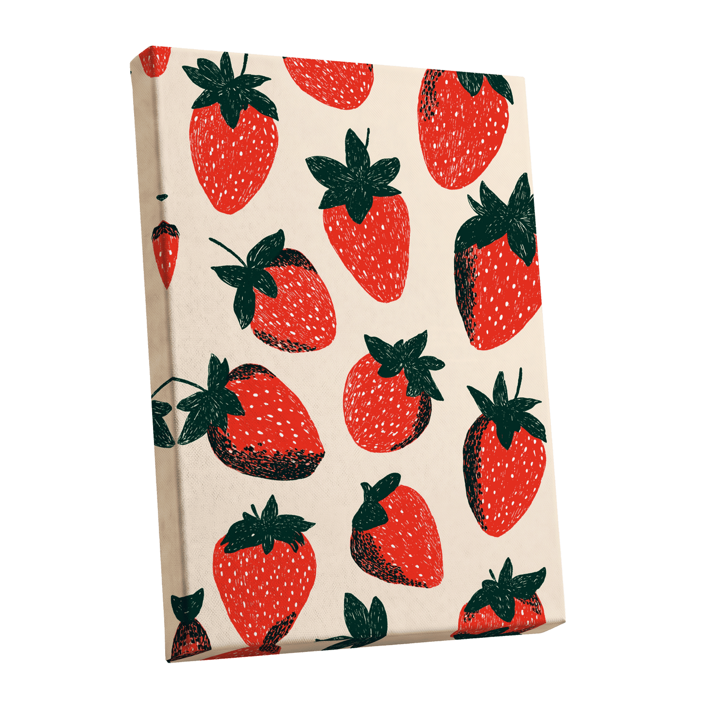 Strawberry Parade, red, green, beige nature wall art shown as a stretched canvas wall art