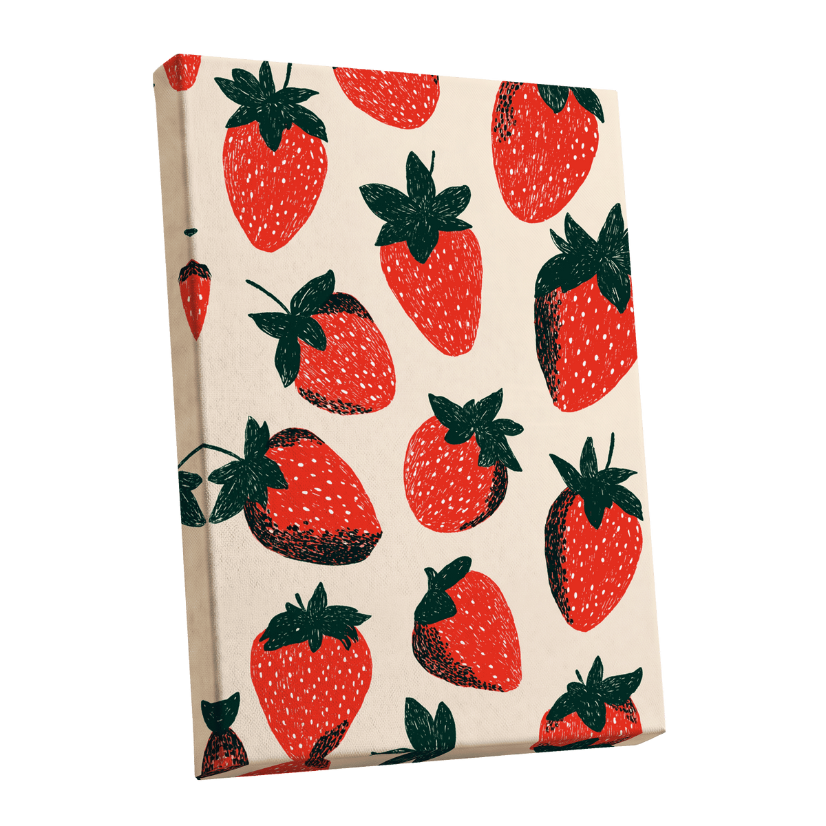 Strawberry Parade, red, green, beige nature wall art shown as a stretched canvas wall art