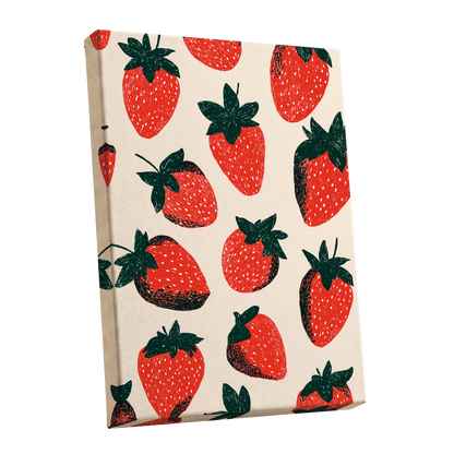 Strawberry Parade, red, green, beige nature wall art shown as a stretched canvas wall art