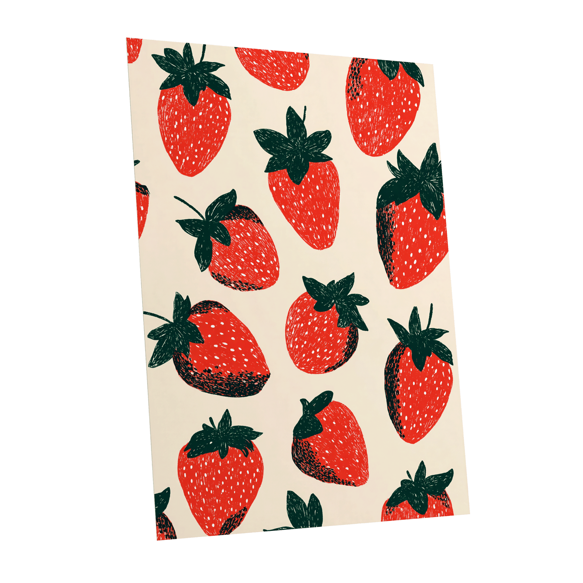 Strawberry Parade, red, green, beige nature wall art shown as a unframed poster wall art print