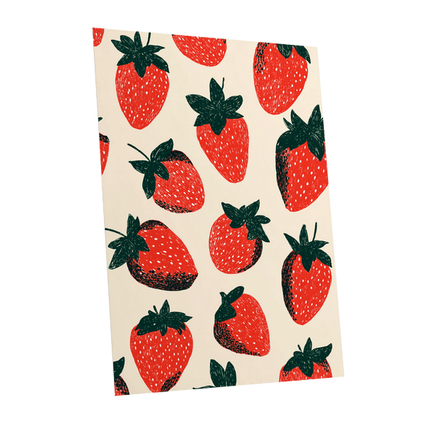 Strawberry Parade, red, green, beige nature wall art shown as a unframed poster wall art print