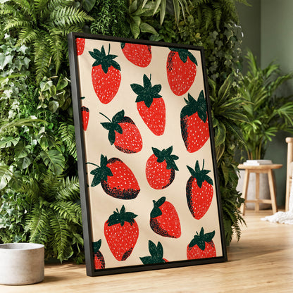 Strawberry Parade, red, green, beige nature wall art displayed in a styled interior, gallery view 1
