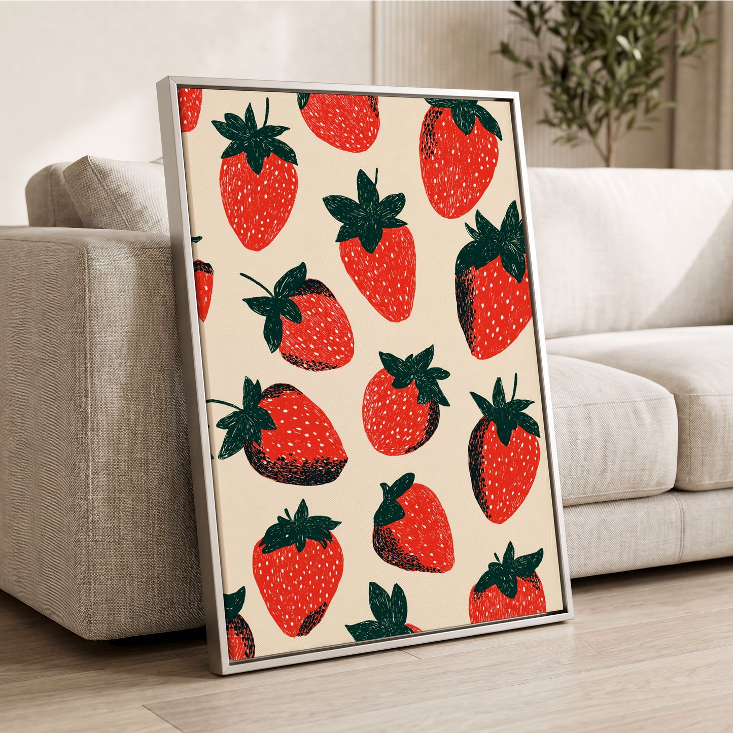 Strawberry Parade, red, green, beige nature wall art displayed in a styled interior, gallery view 2