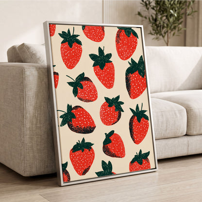 Strawberry Parade, red, green, beige nature wall art displayed in a styled interior, gallery view 2