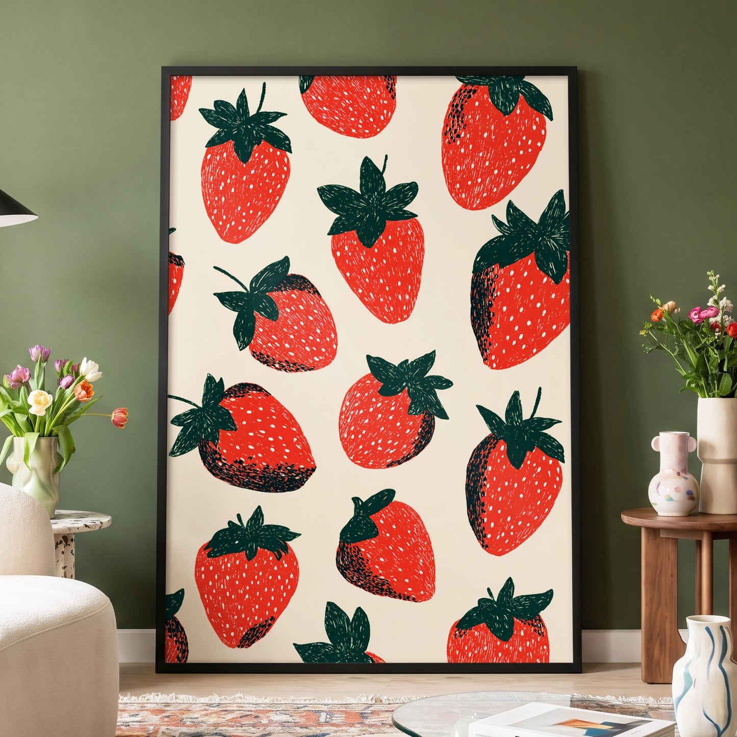 Strawberry Parade, red, green, beige nature wall art displayed in a styled interior, gallery view 4