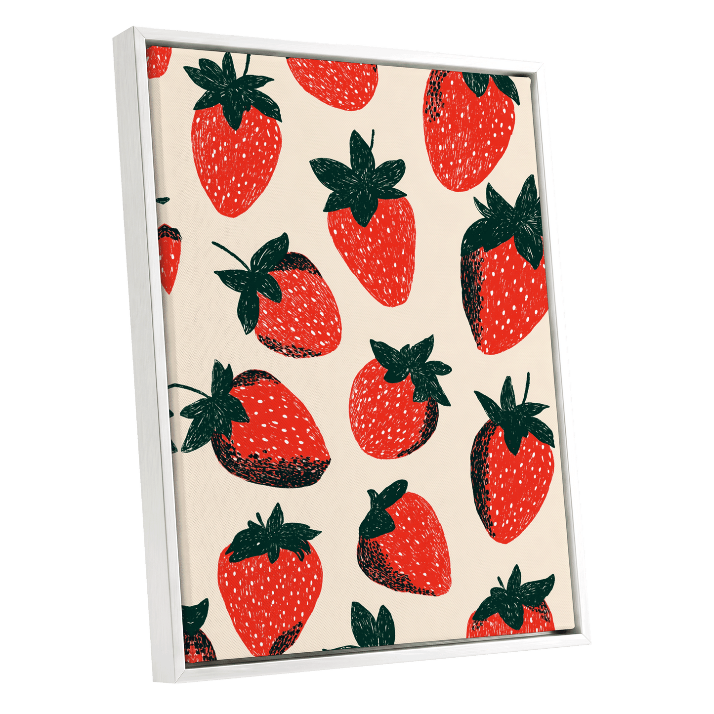 Strawberry Parade, red, green, beige nature wall art shown as a white framed canvas wall art