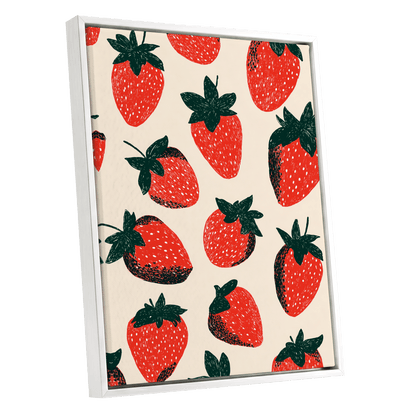 Strawberry Parade, red, green, beige nature wall art shown as a white framed canvas wall art