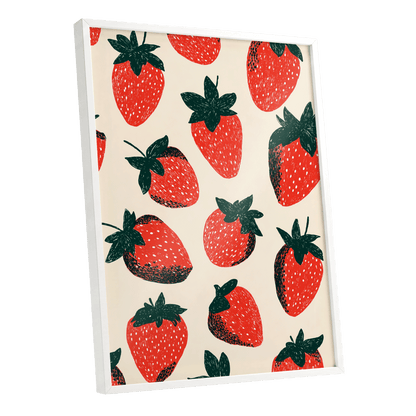 Strawberry Parade, red, green, beige nature wall art shown as a white framed poster wall art print
