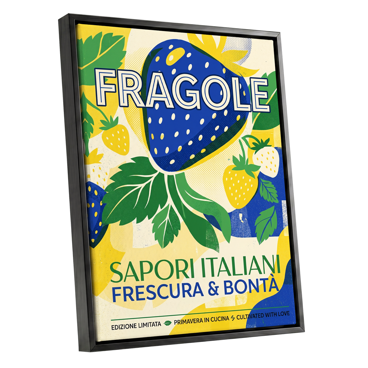 Strawberry Primavera, blue, yellow, green nature wall art shown as a black framed canvas wall art