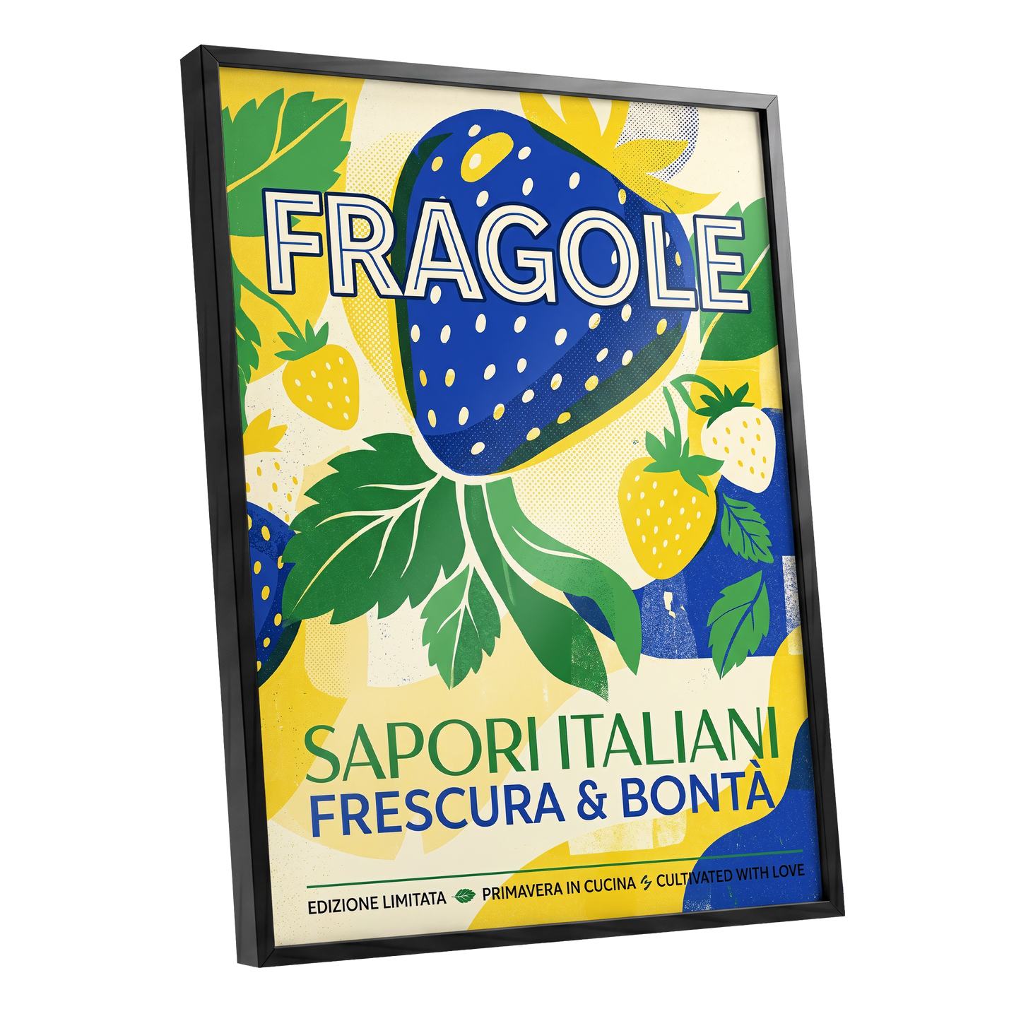 Strawberry Primavera, blue, yellow, green nature wall art shown as a black framed poster wall art print