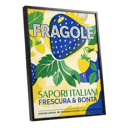 Strawberry Primavera, blue, yellow, green nature wall art shown as a black framed poster wall art print