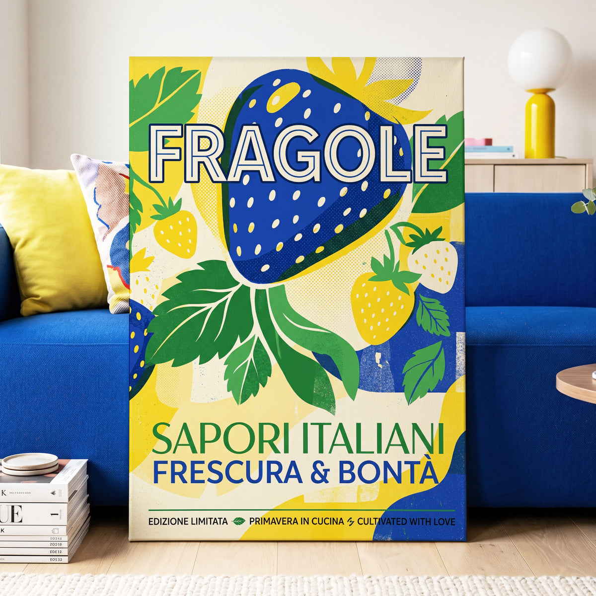 Strawberry Primavera, blue, yellow, green nature wall art on canvas displayed in a styled interior, gallery view 1
