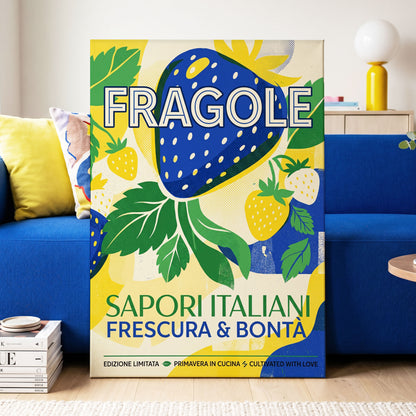 Strawberry Primavera, blue, yellow, green nature wall art on canvas displayed in a styled interior, gallery view 1