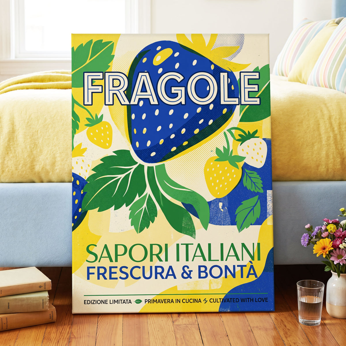 Strawberry Primavera, blue, yellow, green nature wall art on canvas displayed in a styled interior, gallery view 2