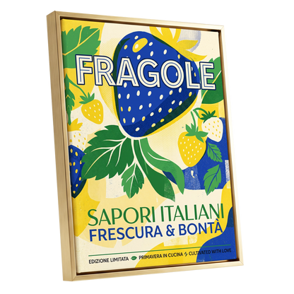 Strawberry Primavera, blue, yellow, green nature wall art shown as a gold framed canvas wall art
