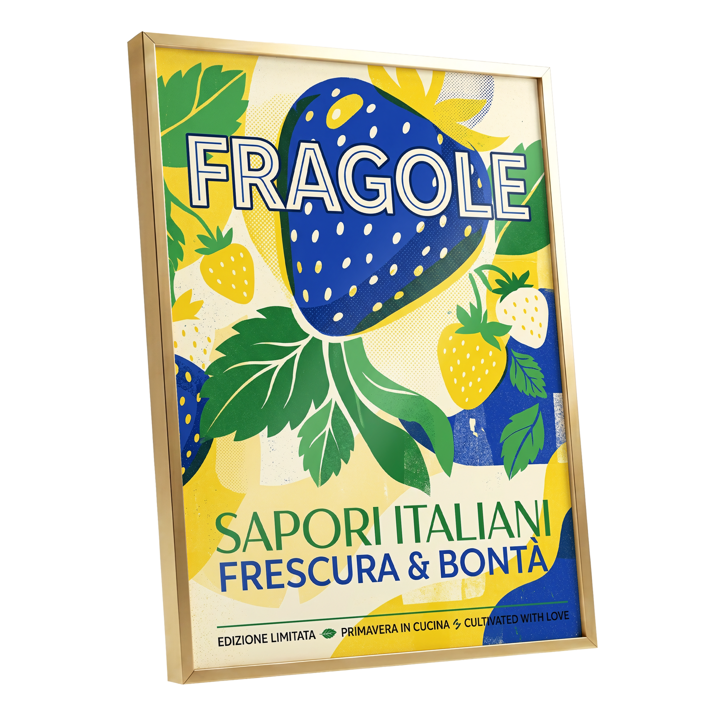 Strawberry Primavera, blue, yellow, green nature wall art shown as a gold framed poster wall art print
