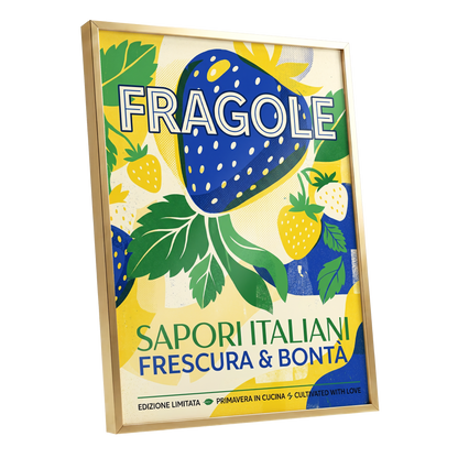 Strawberry Primavera, blue, yellow, green nature wall art shown as a gold framed poster wall art print