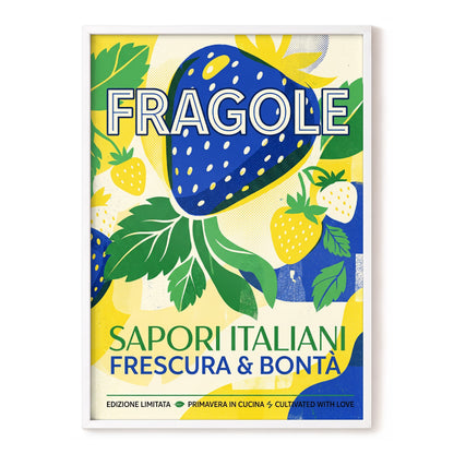 Strawberry Primavera, blue, yellow, green nature wall art, front artwork view