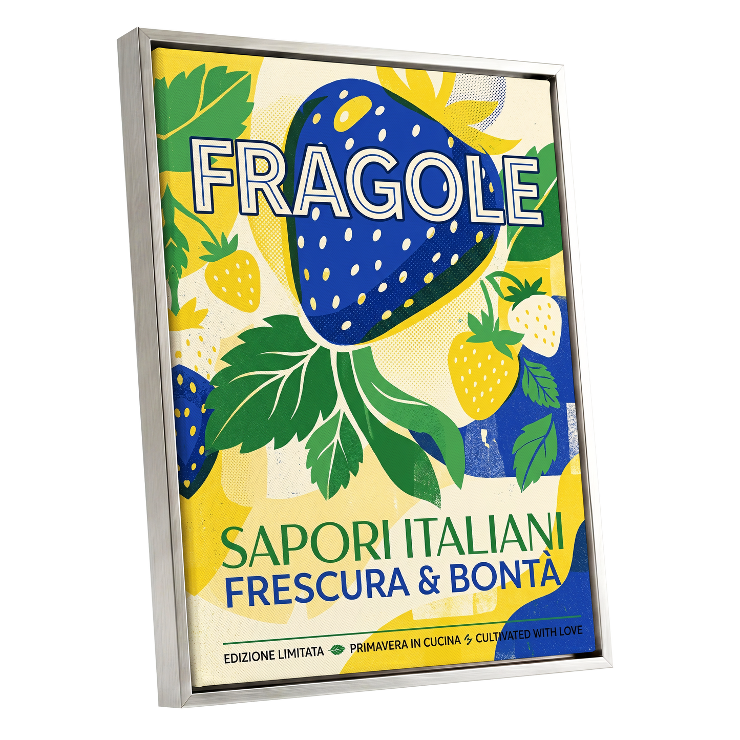 Strawberry Primavera, blue, yellow, green nature wall art shown as a silver framed canvas wall art