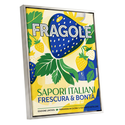 Strawberry Primavera, blue, yellow, green nature wall art shown as a silver framed canvas wall art