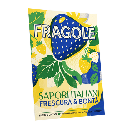 Strawberry Primavera, blue, yellow, green nature wall art shown as a unframed poster wall art print