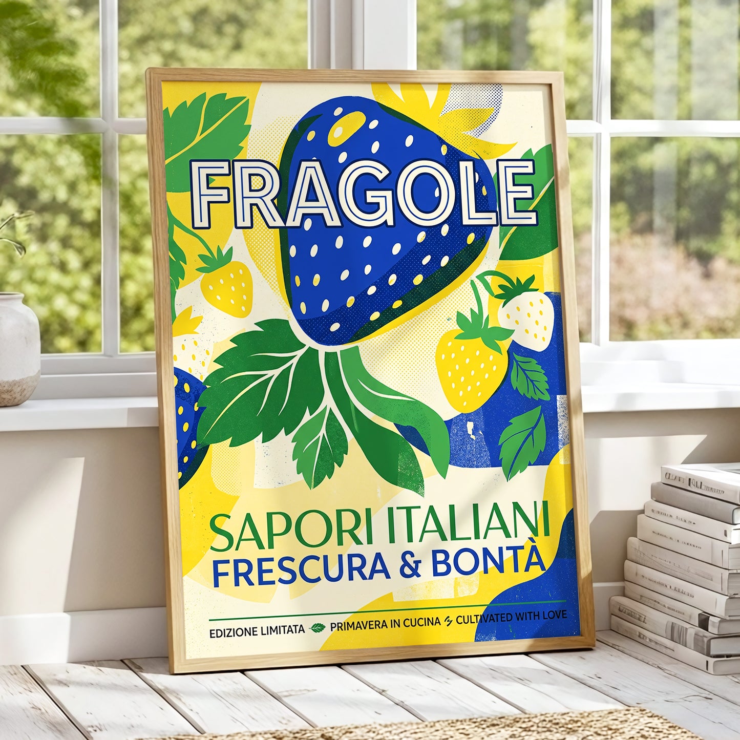 Strawberry Primavera, blue, yellow, green nature wall art displayed in a styled interior, gallery view 1