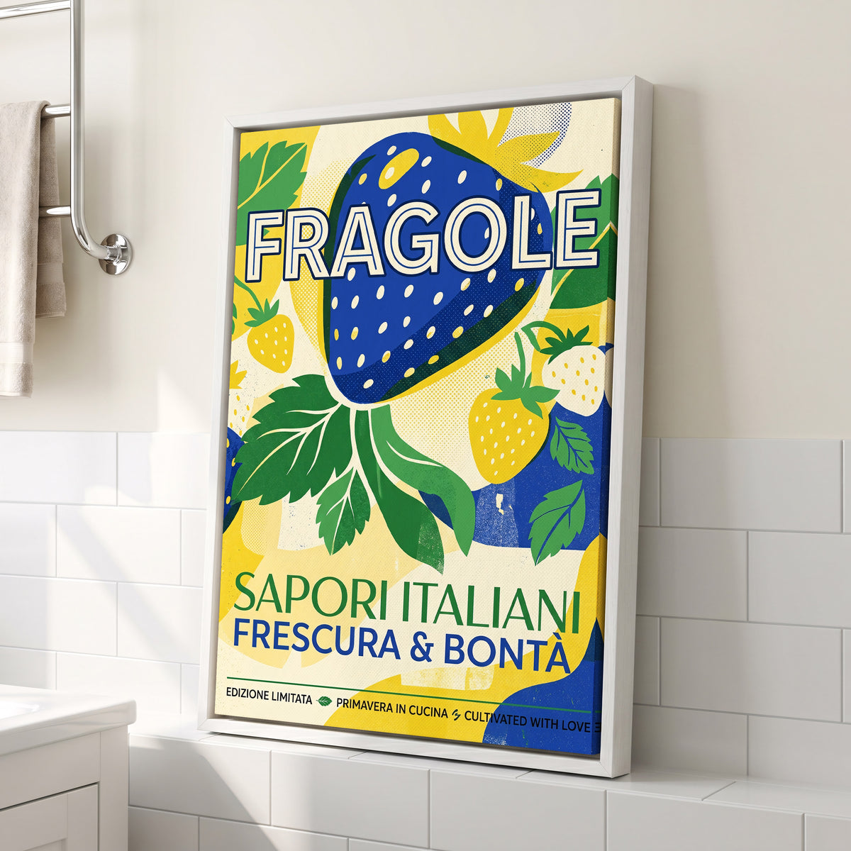 Strawberry Primavera, blue, yellow, green nature wall art displayed in a styled interior, gallery view 2