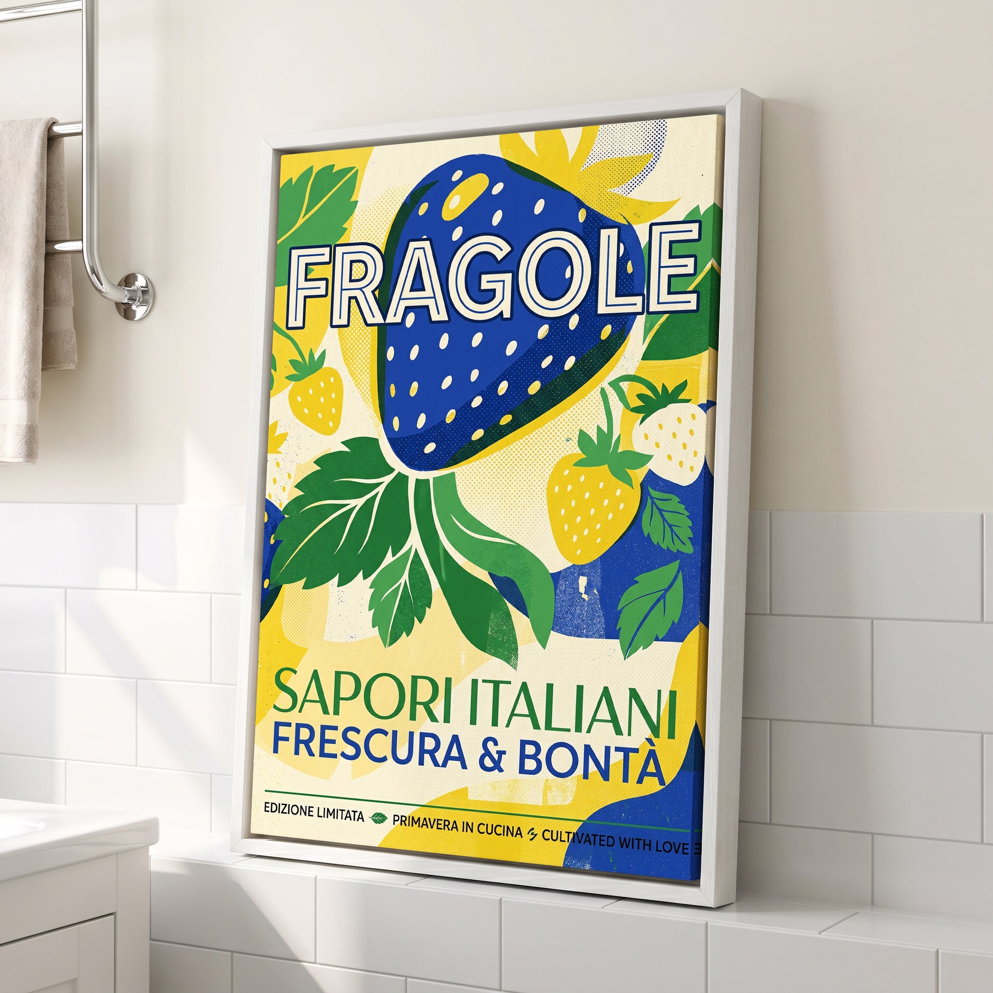 Strawberry Primavera, blue, yellow, green nature wall art displayed in a styled interior, gallery view 2