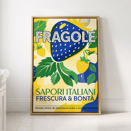 Strawberry Primavera, blue, yellow, green nature wall art displayed in a styled interior, gallery view 3