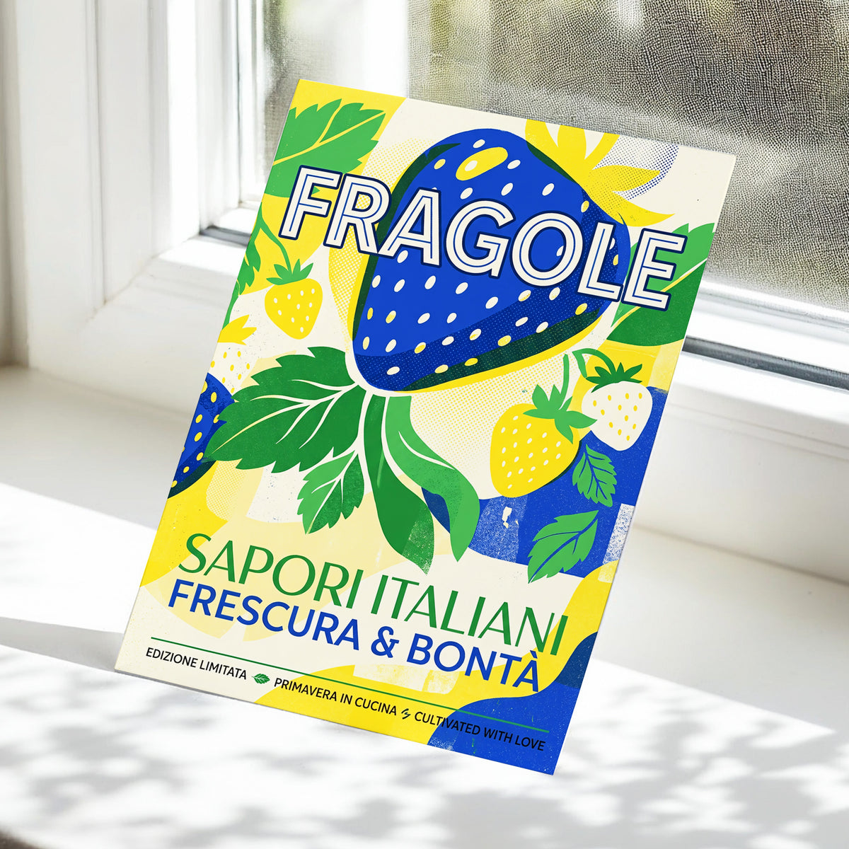 Strawberry Primavera, blue, yellow, green nature wall art displayed in a styled interior, gallery view 4