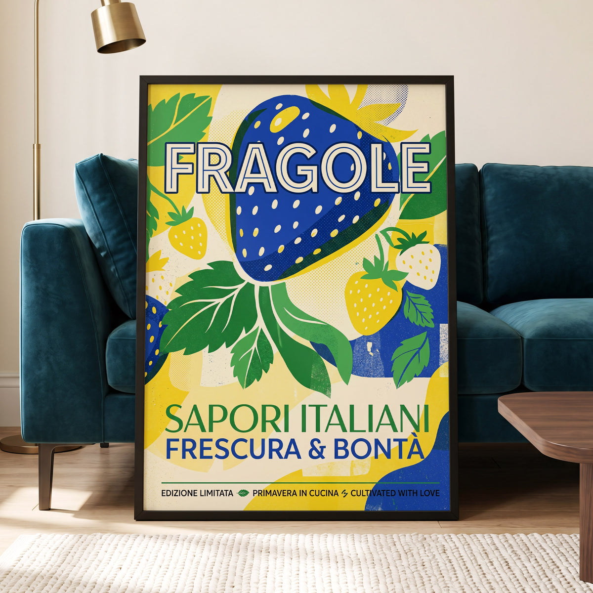Strawberry Primavera, blue, yellow, green nature wall art displayed in a styled interior, gallery view 5