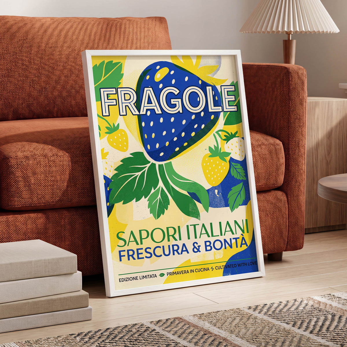 Strawberry Primavera, blue, yellow, green nature wall art displayed in a styled interior, gallery view 6