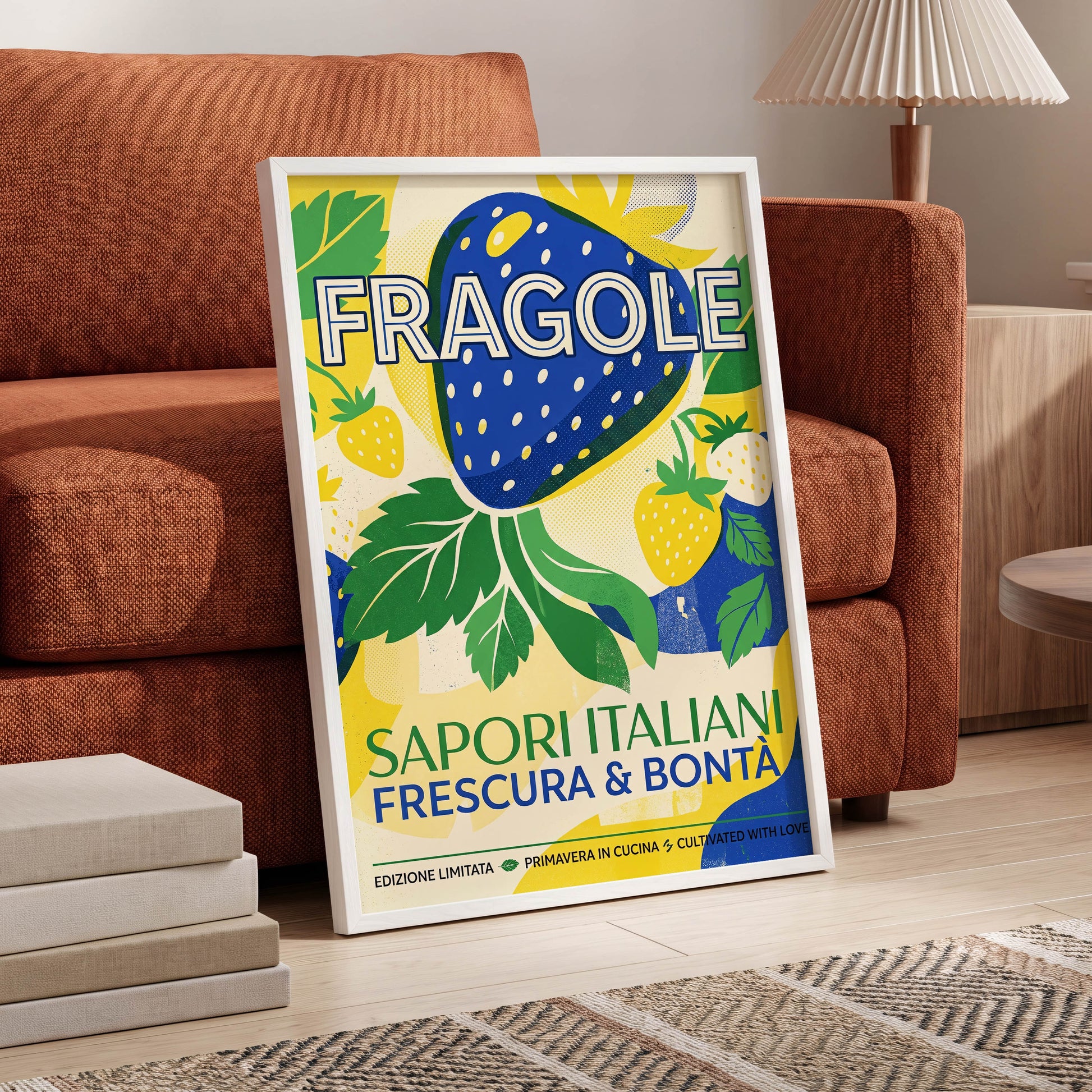 Strawberry Primavera, blue, yellow, green nature wall art displayed in a styled interior, gallery view 6