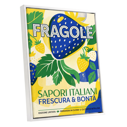 Strawberry Primavera, blue, yellow, green nature wall art shown as a white framed canvas wall art