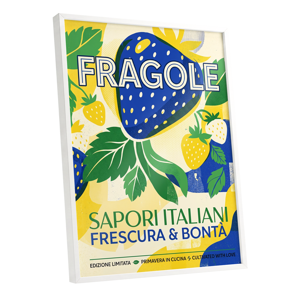 Strawberry Primavera, blue, yellow, green nature wall art shown as a white framed poster wall art print