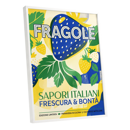 Strawberry Primavera, blue, yellow, green nature wall art shown as a white framed poster wall art print